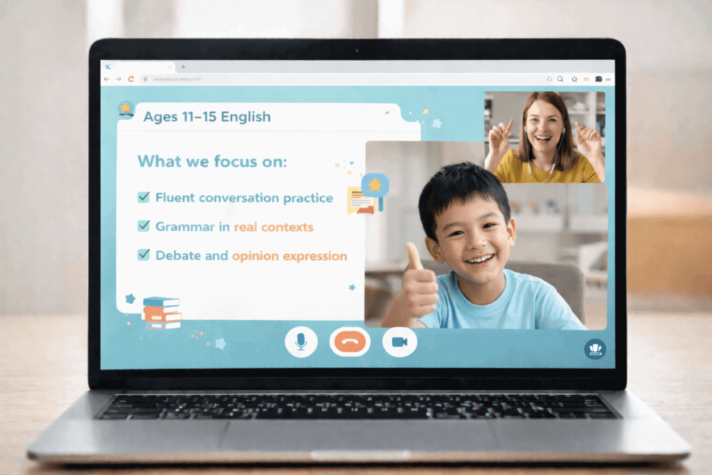 Online English video lesson for a teenager practicing fluent conversation and structured grammar with a professional teacher.