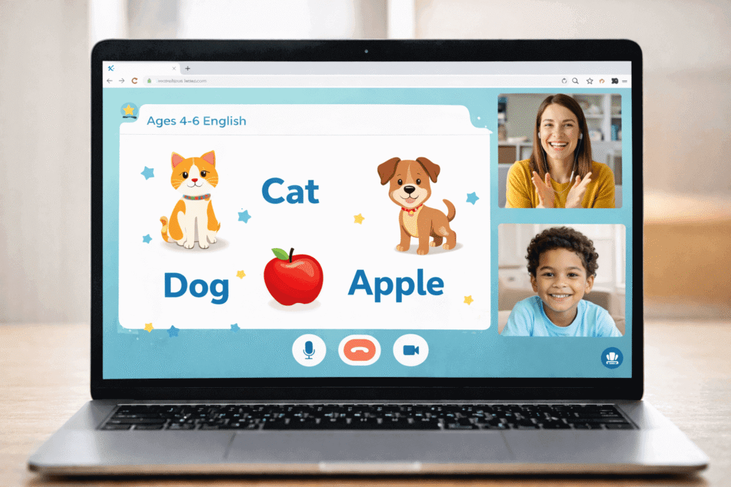 Screenshot of an interactive online English lesson for a 5-year-old child with a teacher in a live video class and colorful beginner vocabulary on screen.