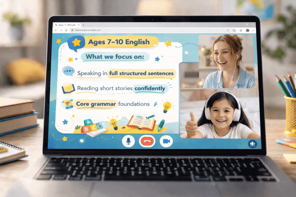 Live online English lesson screenshot showing a teacher and a child aged 8 practicing structured sentences and reading activities.
