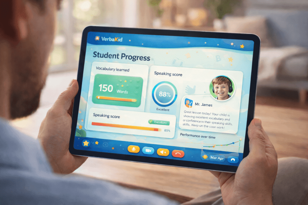 Parent reviewing child’s English learning progress dashboard on tablet showing vocabulary, speaking score, and teacher feedback