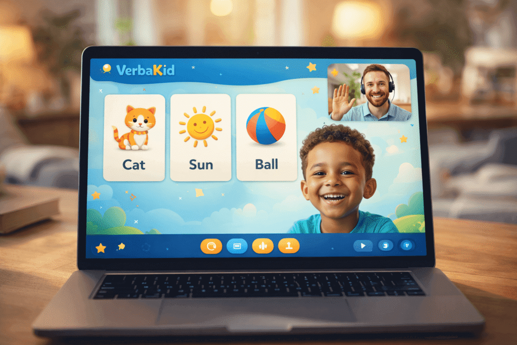 5-year-old child smiling during a live 1-on-1 online English lesson with native teacher on interactive learning platform