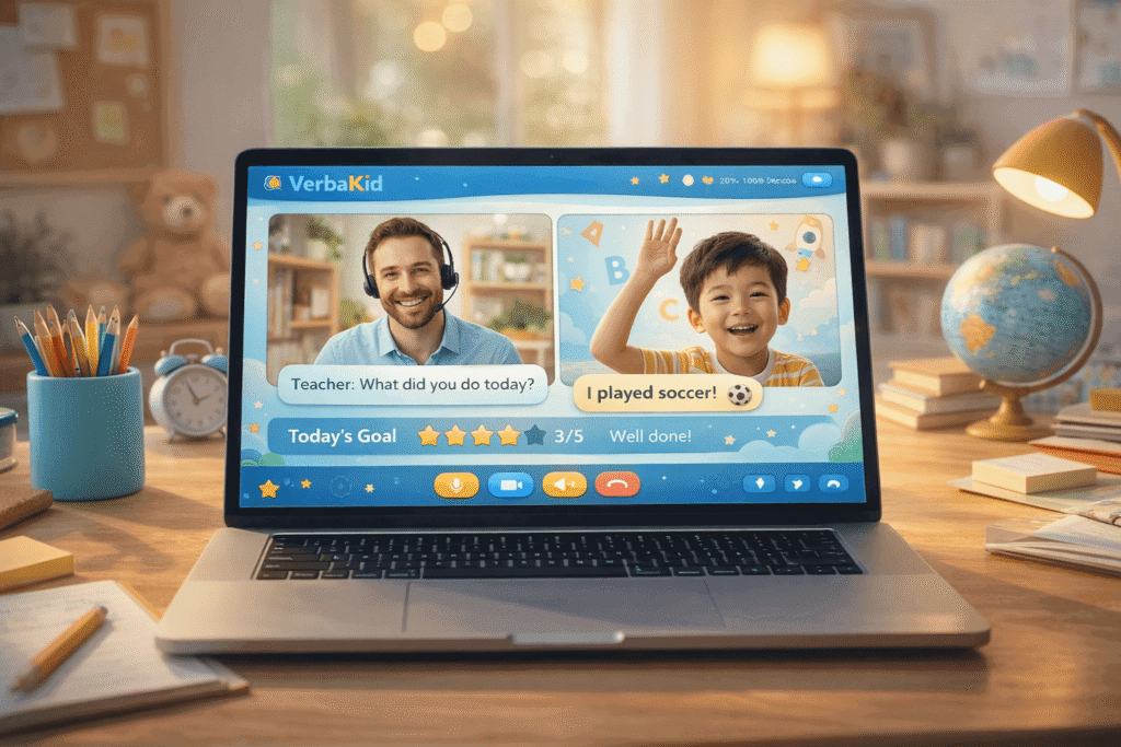 8-year-old student raising hand during live online English lesson with native teacher and progress tracking dashboard