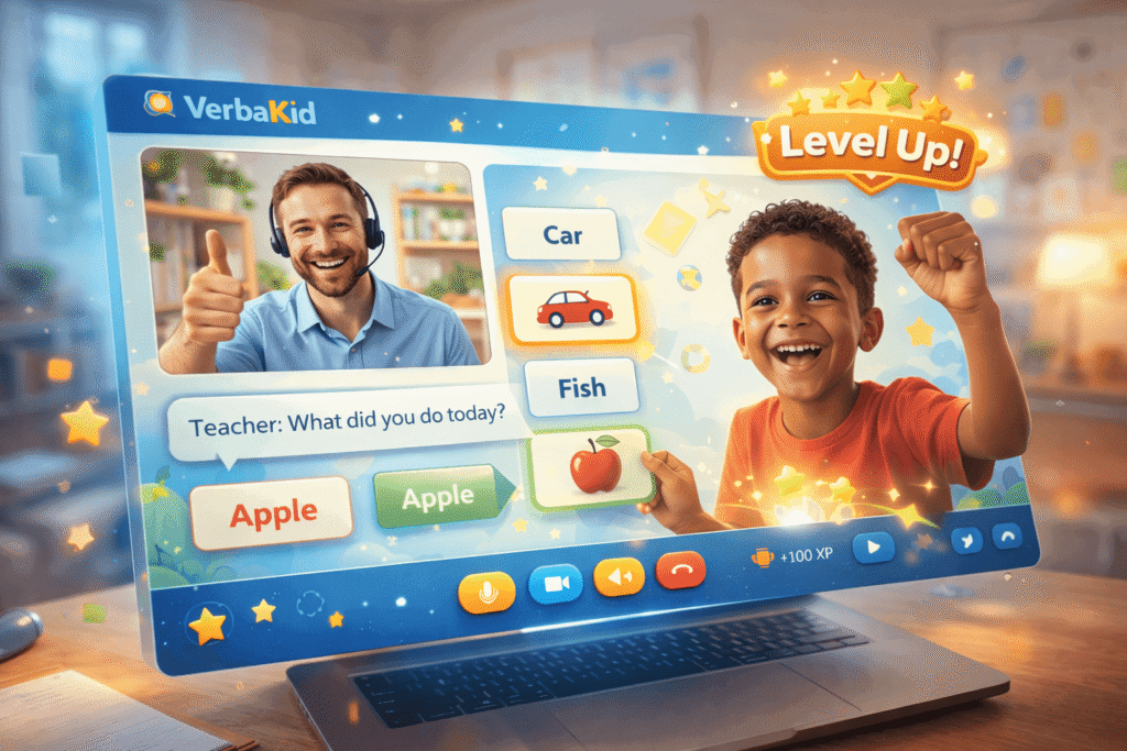 9-year-old child celebrating level up during interactive online English vocabulary game with native teacher