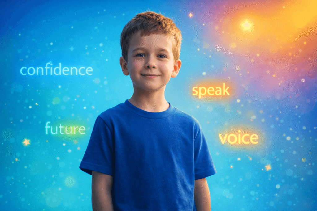 Confident child speaking clearly during a personalized VerbaKid online English lesson
