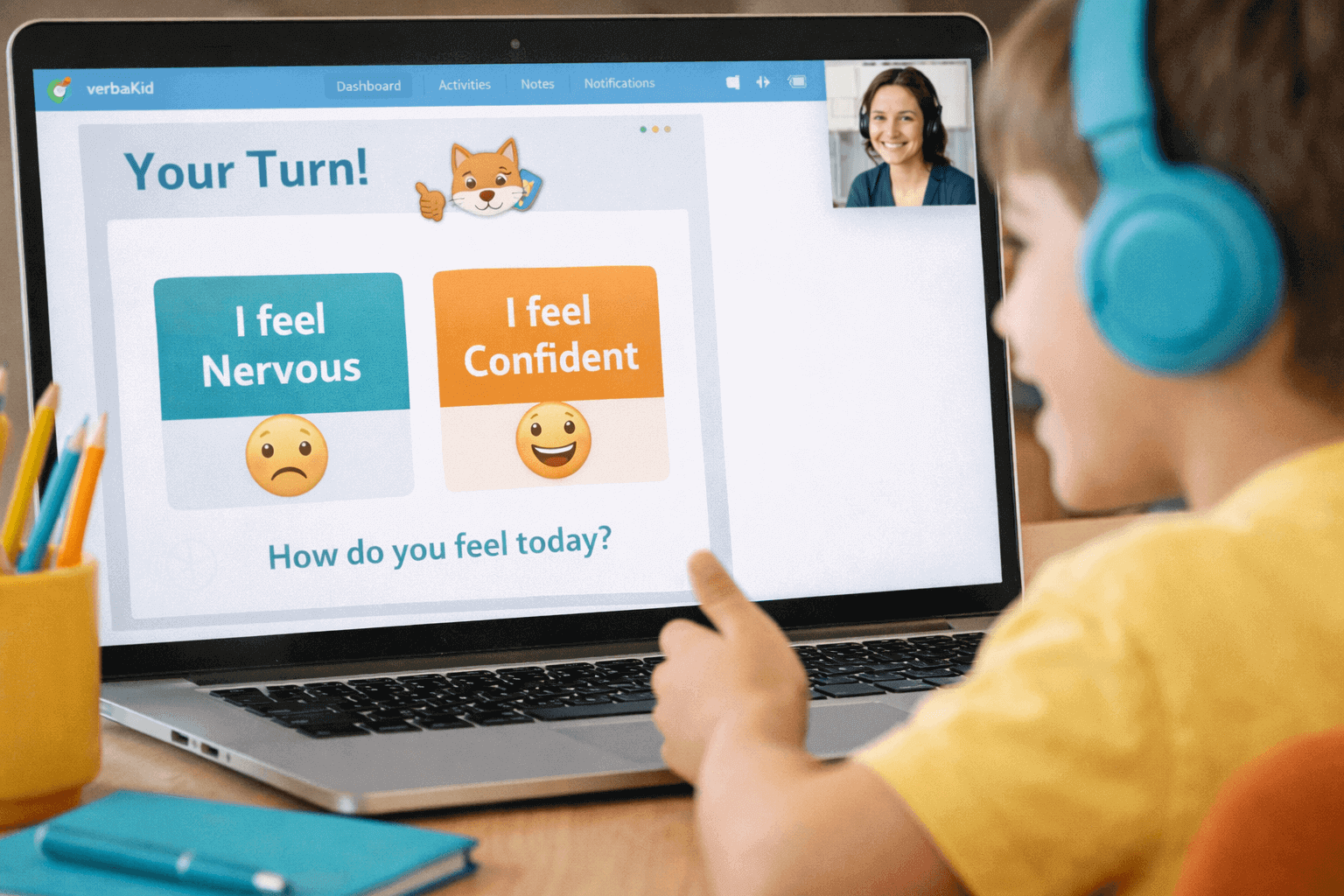 Child taking a 1-on-1 online English lesson on VerbaKid platform, speaking confidently with a live tutor during an interactive learning session