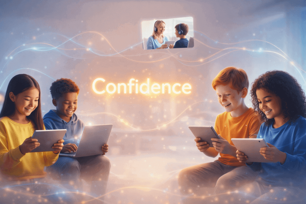 Diverse children learning English online with VerbaKid in a modern global digital classroom environment.