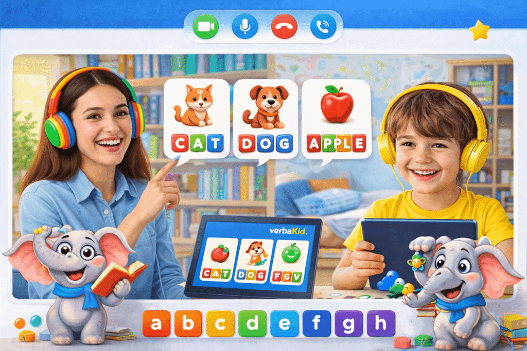 Teacher and child learning English online in an interactive video lesson with phonics and vocabulary activities on VerbaKid platform