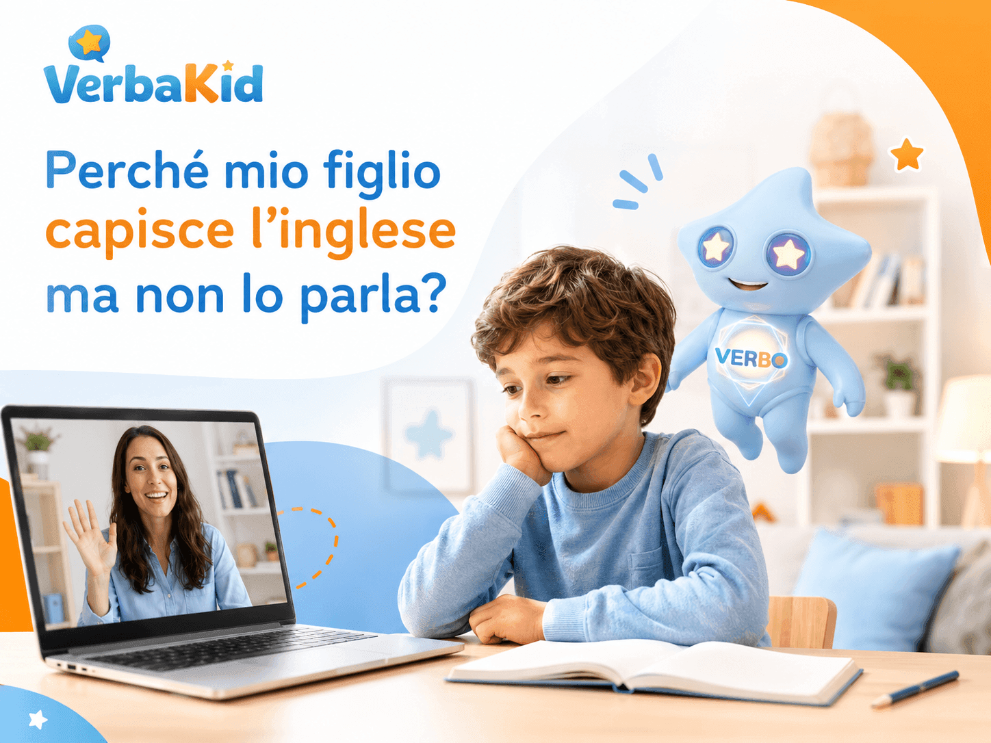 Bambino timido che pratica inglese online con un’insegnante gentile