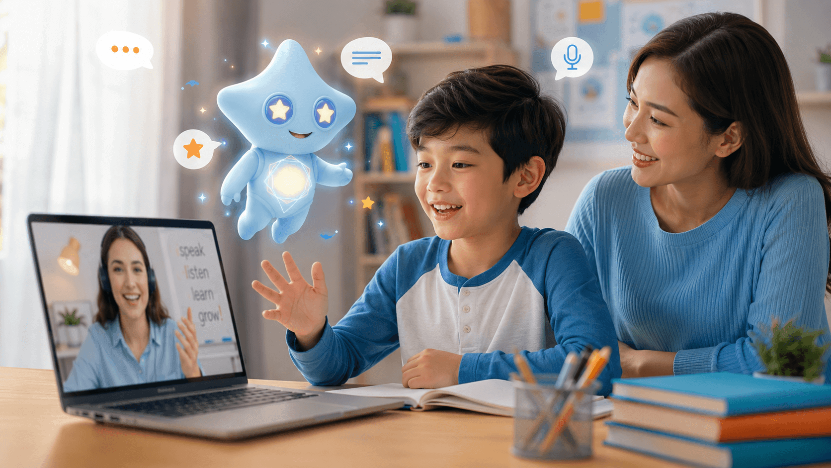 Child practising English speaking with a real online teacher while a parent supports them at home.
