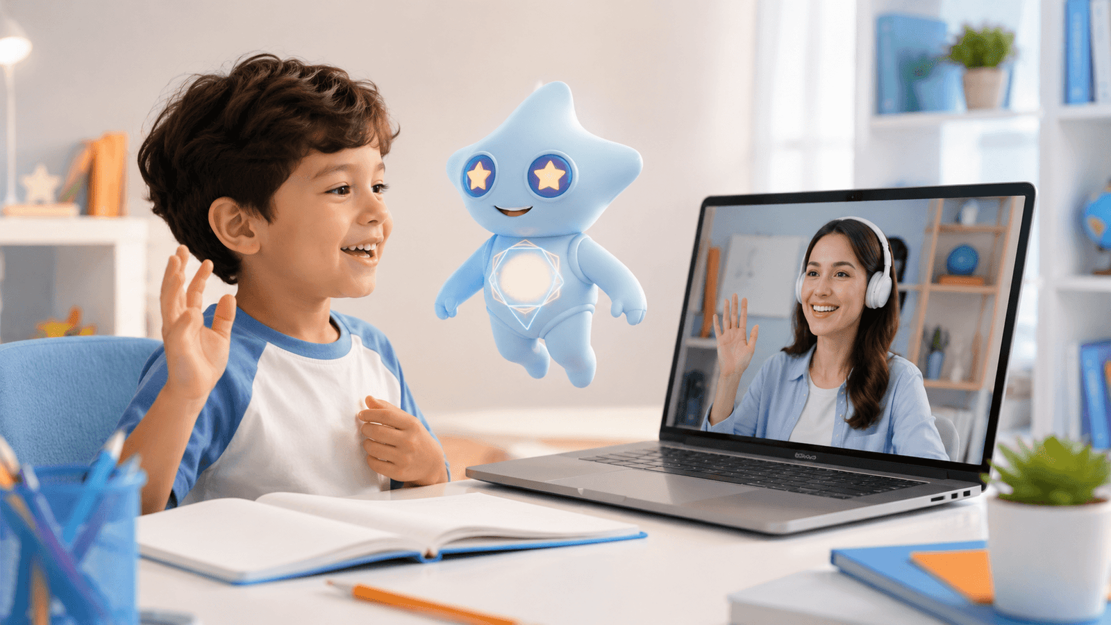 Bambino che parla inglese con sicurezza durante una lezione online con un’insegnante reale e Verbo accanto a lui.