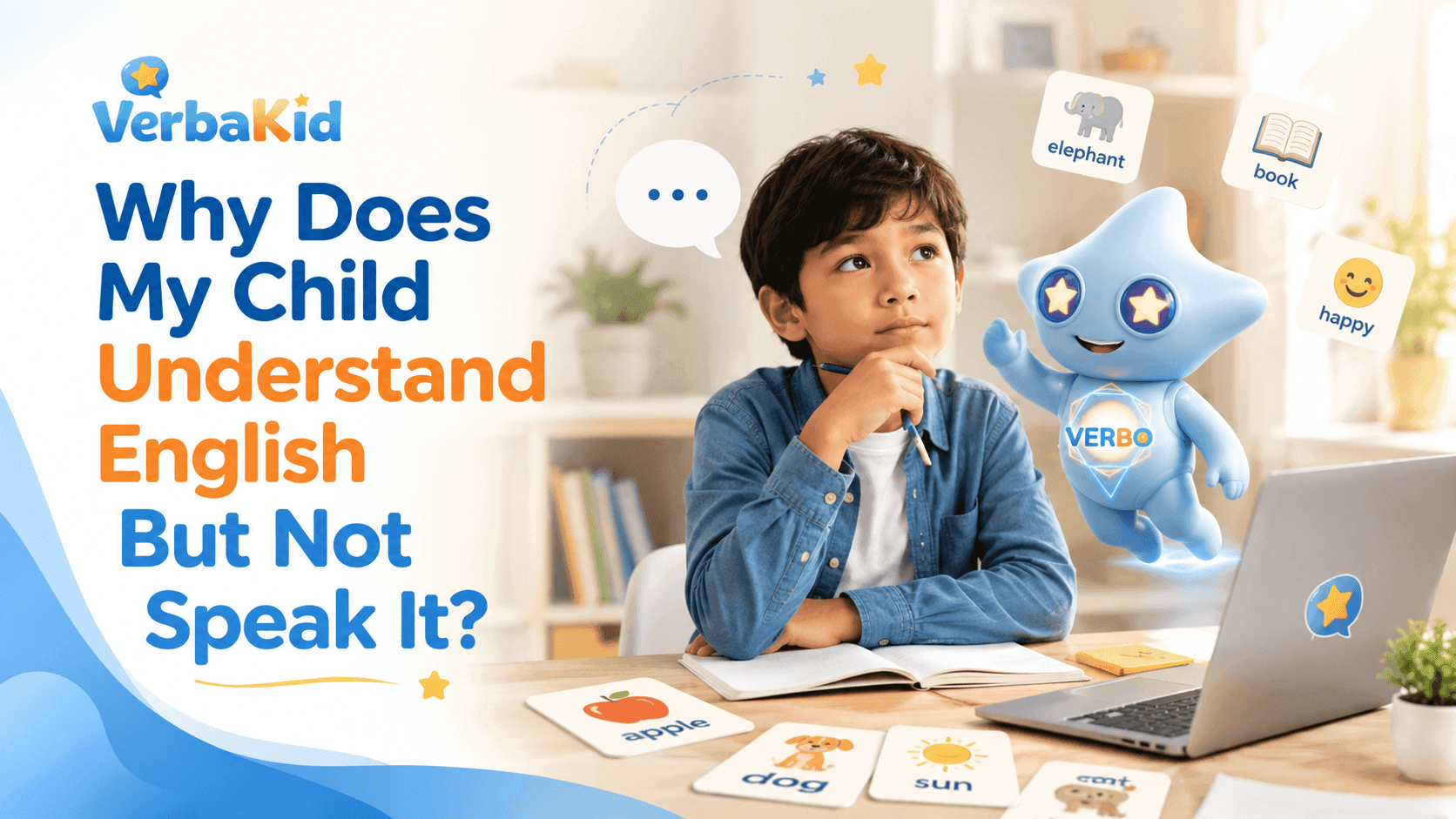 Child thinking during an online English lesson with Verbo, showing why some children understand English but feel nervous to speak.