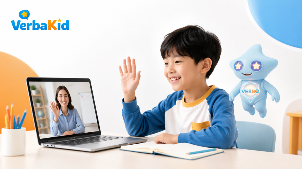 Child learning English online with VerbaKid teacher and Verbo mascot