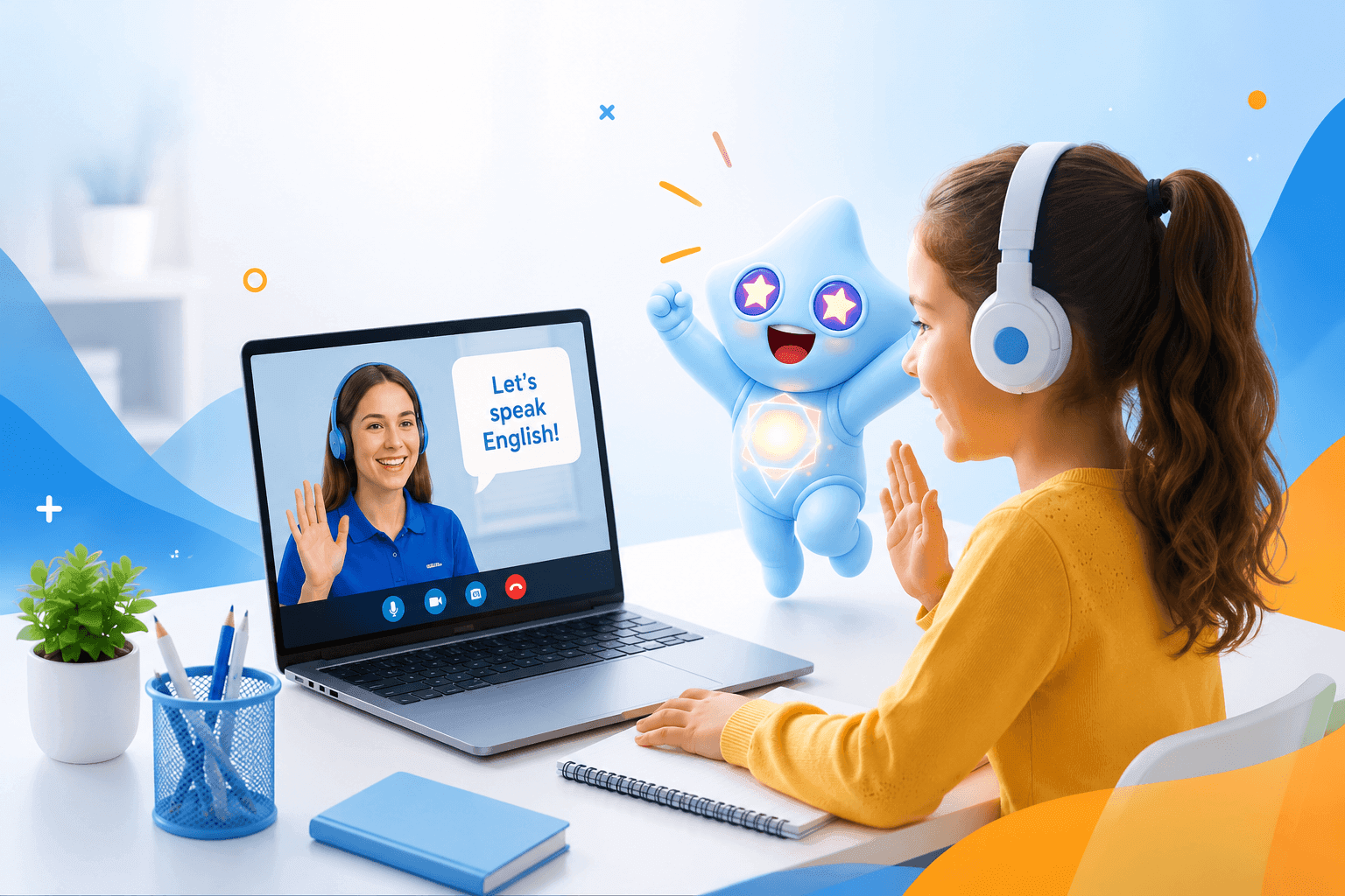 Bambina durante una lezione di inglese online con un insegnante VerbaKid e Verbo, il compagno di apprendimento, in un ambiente moderno e accogliente.