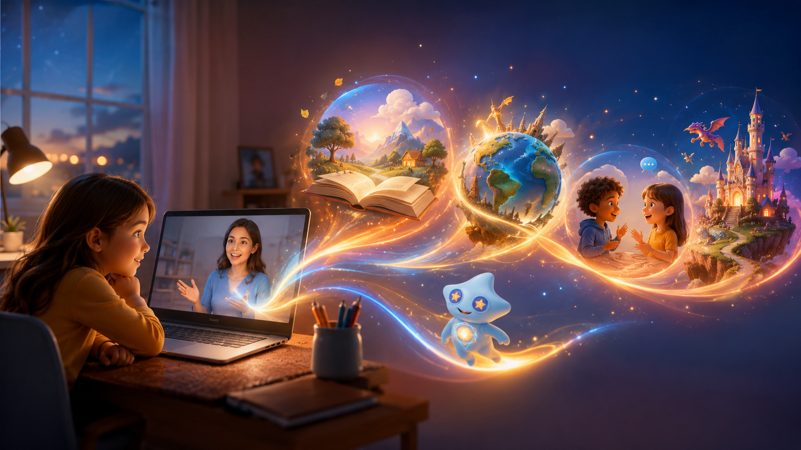 A child taking a live online English lesson as glowing paths reveal a book, the world, new friendships, and imaginative stories, with Verbo guiding the journey.