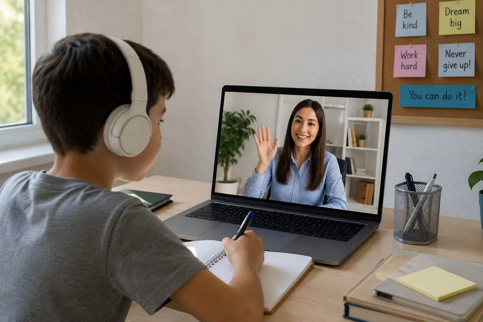 Bambino che impara l'inglese online con un insegnante reale