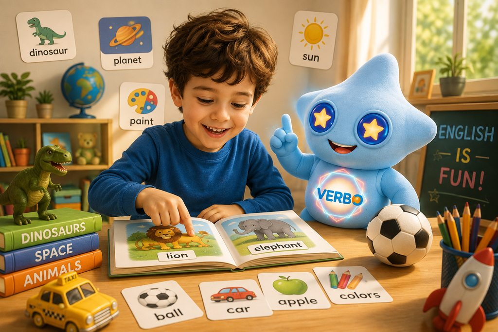 Child learning English vocabulary with Verbo through fun educational activities