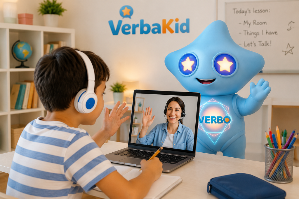 Child learning English with a live teacher and Verbo, the VerbaKid learning mascot